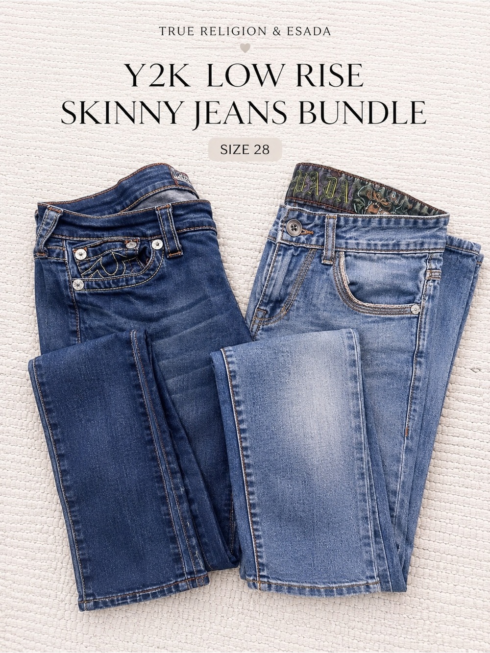 True Religion & Esada Y2K Low Rise Skinny Jeans Bundle Sz 28